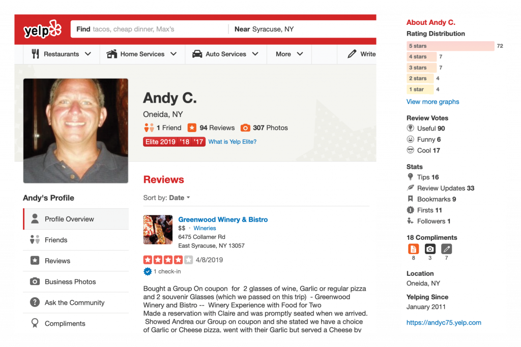 Andy Craig Yelp profile