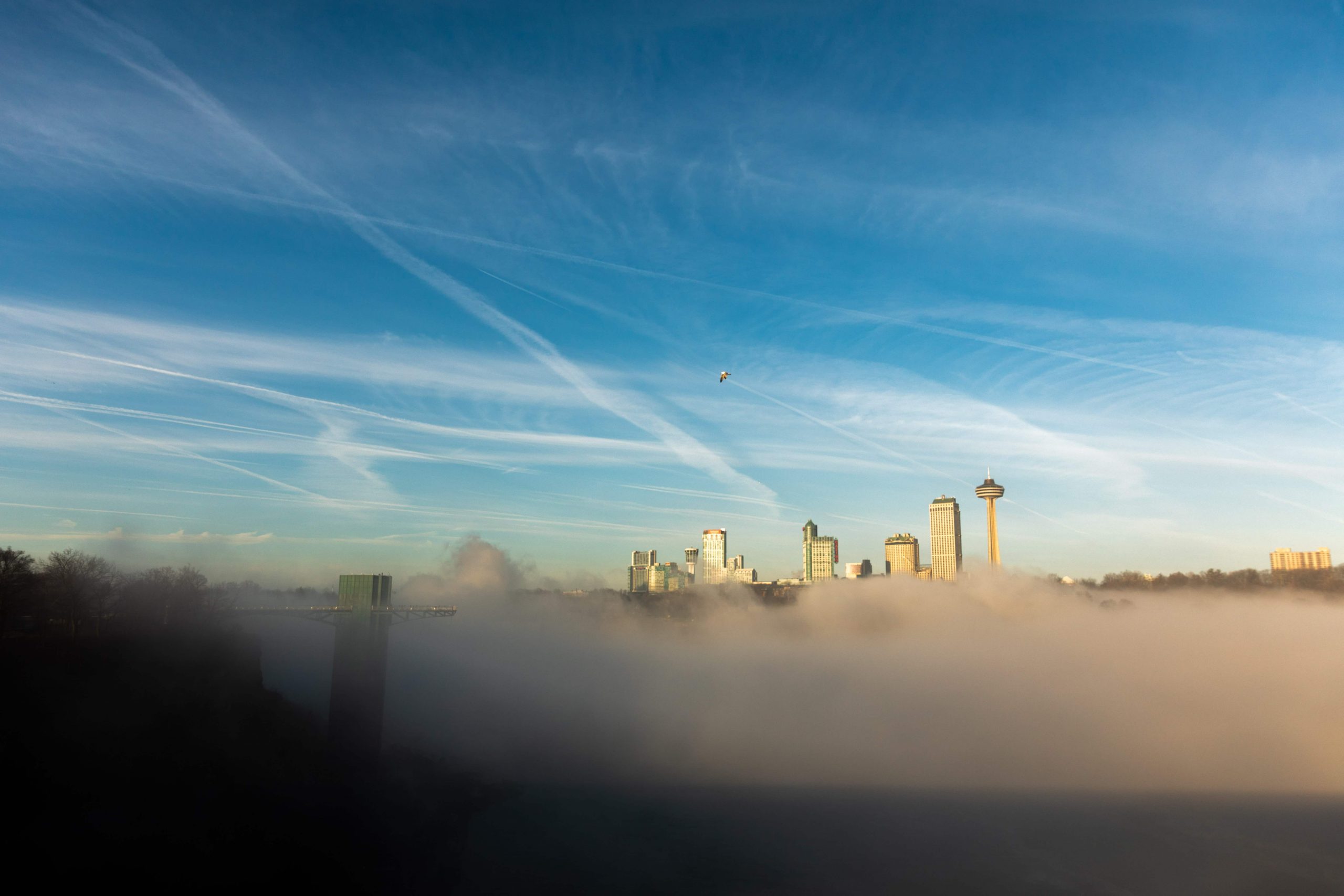 Morning view of Niagara Falls, Ontario skyline as seen from Rainbow International bridge.