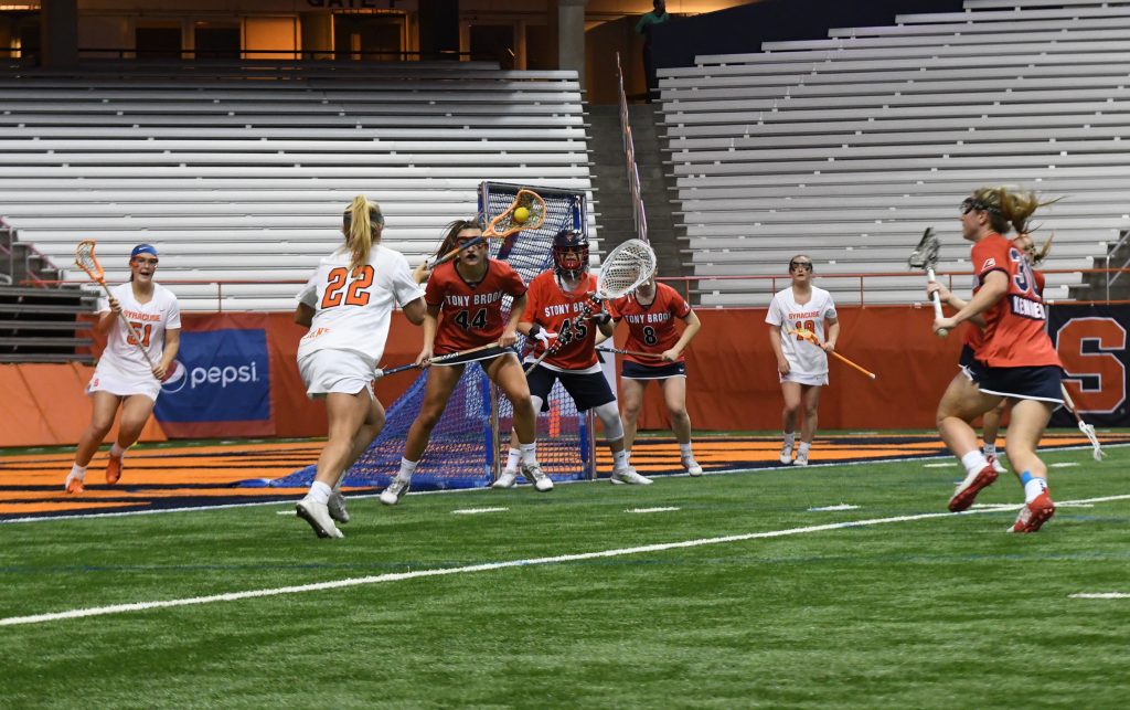 SU's Megan Carney runs toward the goal in the first half of Monday's game vs. Stony Brook. The sophomore tallied 7 shots and notched a pair of assists.