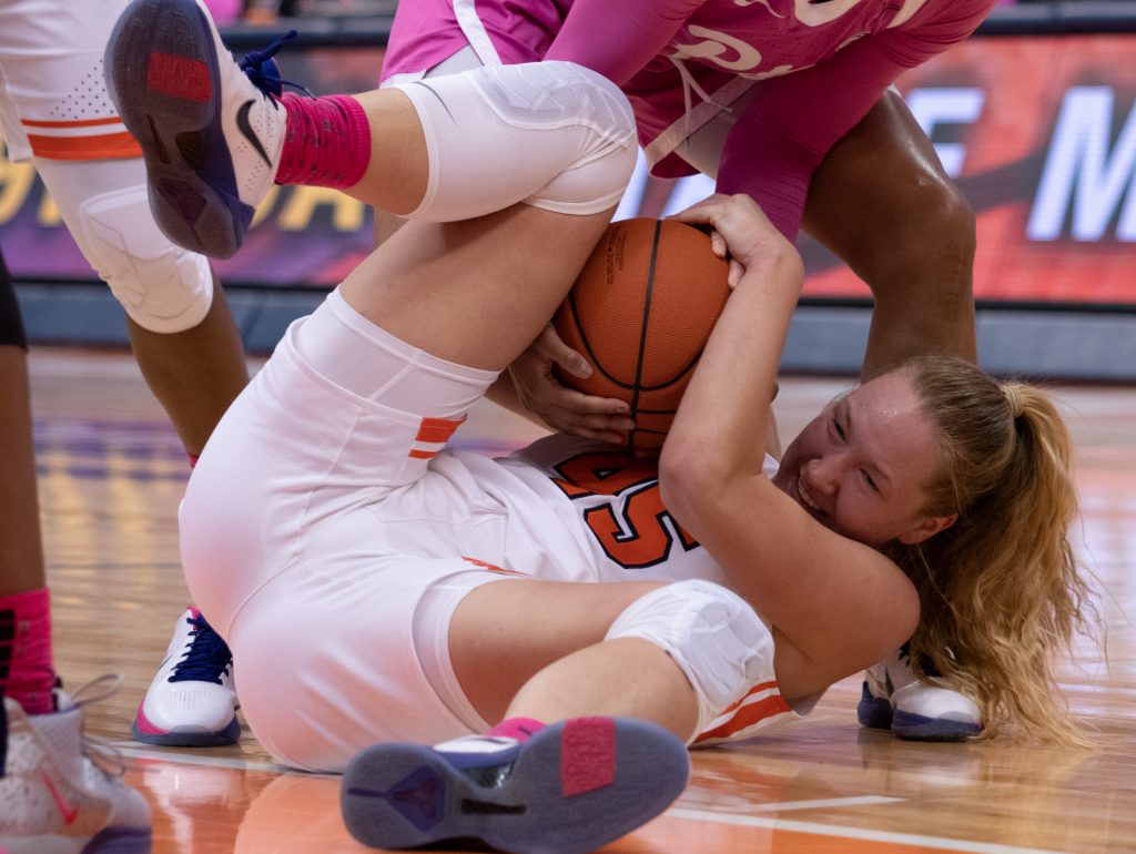 Syracuse University's forward, Digna Strautmane, 45, fights for the basketball during a college basketball game against the University of Pittsburgh on February 16, 2020.