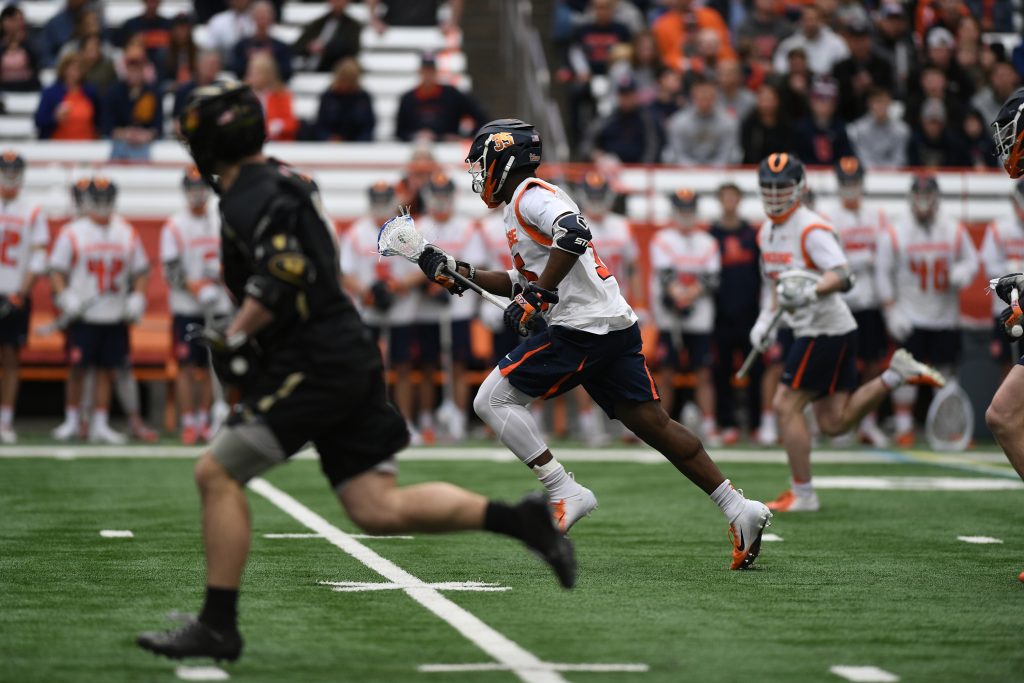 Syracuse’s Dami Oladunmoye runs with the ball during the game at the Carrier Dome on Feb. 23, 2020.