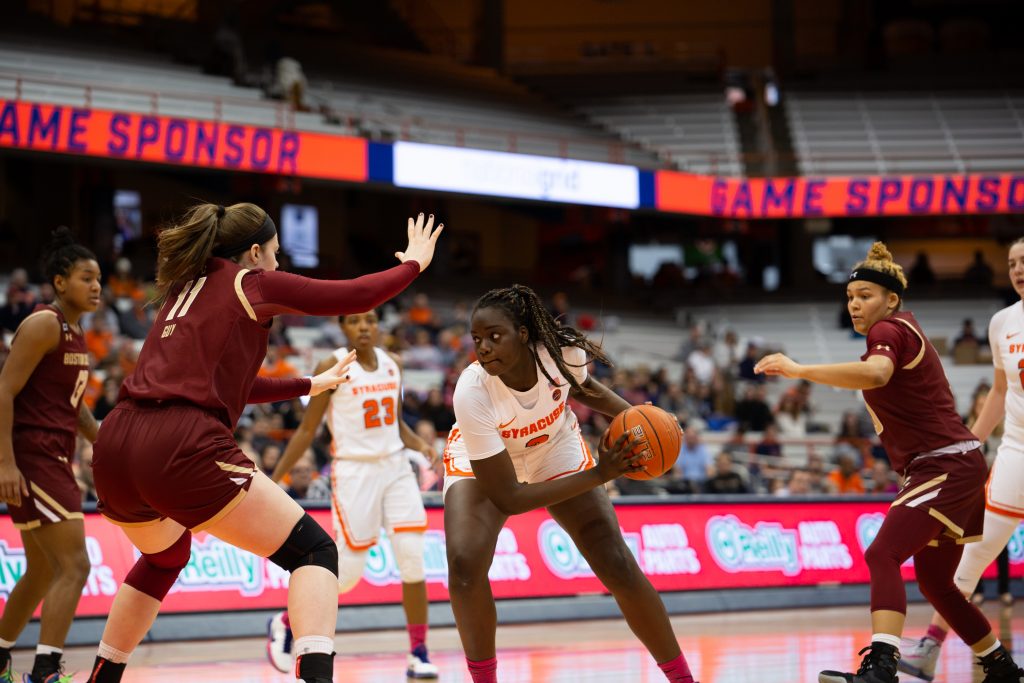 Maeva Djaldi–Tabdi protects the ball as its passed down to her in hopes she makes the hoop.