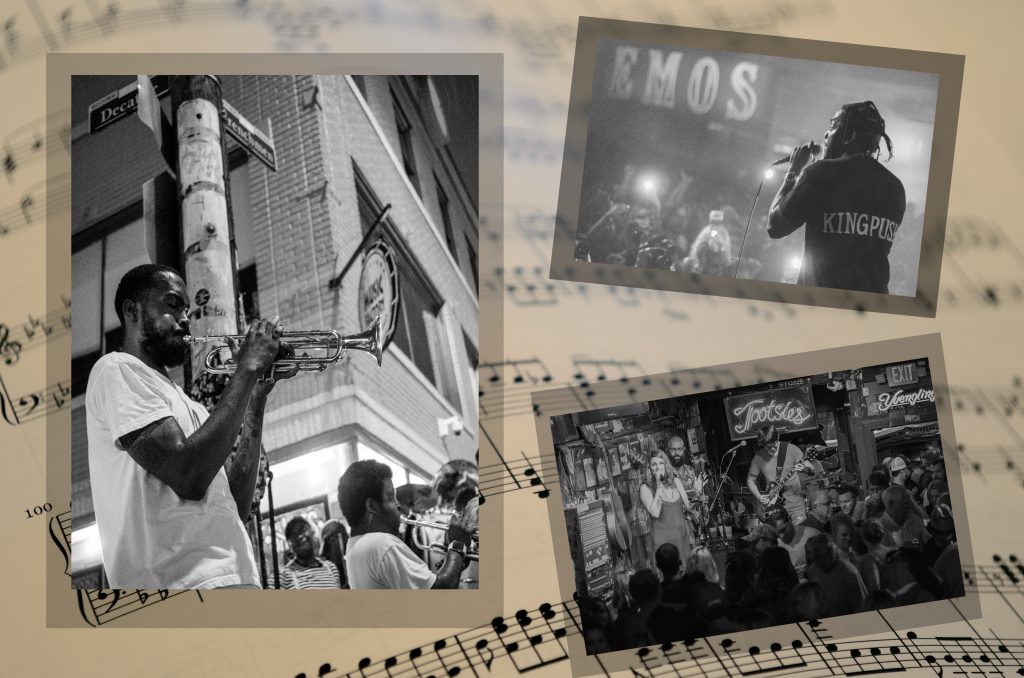 Musicians perform in New Orleans, Austin, and Nashville perform prior to the pandemic.