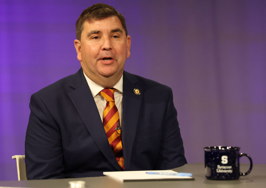 Incumbent Rep. John Mannion (New York-22) responds during his debate with challenger Kailee Buller at the Newhouse School of Public Communications studios on Oct. 5, 2026.