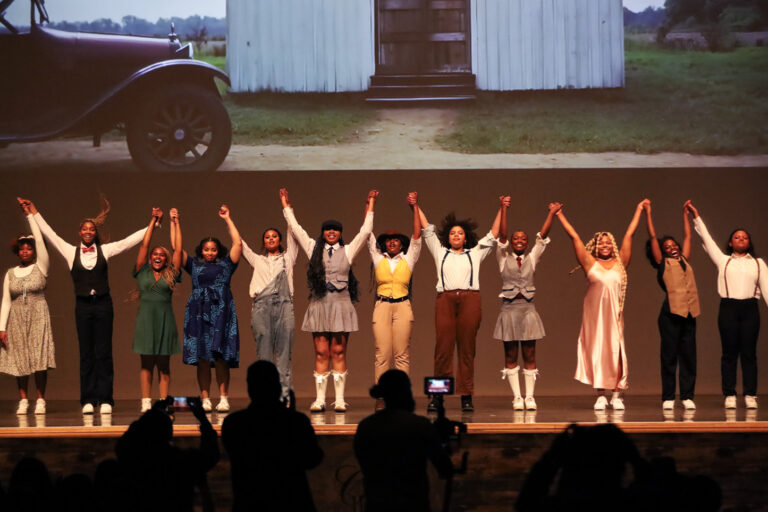 The Syracuse University Black Reign Step Team gives a final bow at the end of their showcase performance of Oscar winning film "Sinners" on April 16, 2025.