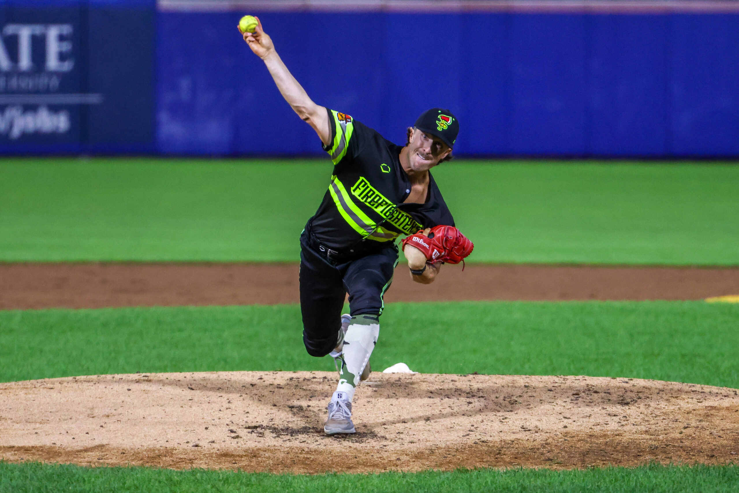 Firefighters right-handed pitcher Jared Donalson (21) delivering a pitch head-on during Banana Ball game against the Texas Tailgaters on Friday, September 11th, 2026 at NBT Bank Stadium.