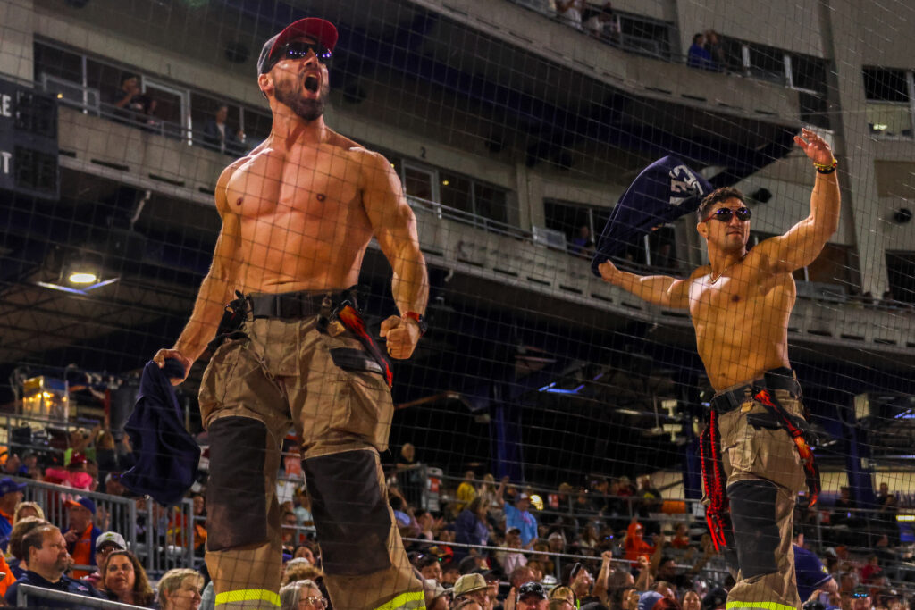 Firefighters Calendar Crew hyping up the crowd during final inning of the Banana Ball game against the Texas Tailgaters on Friday, September 11th, 2026 at NBT Bank Stadium.