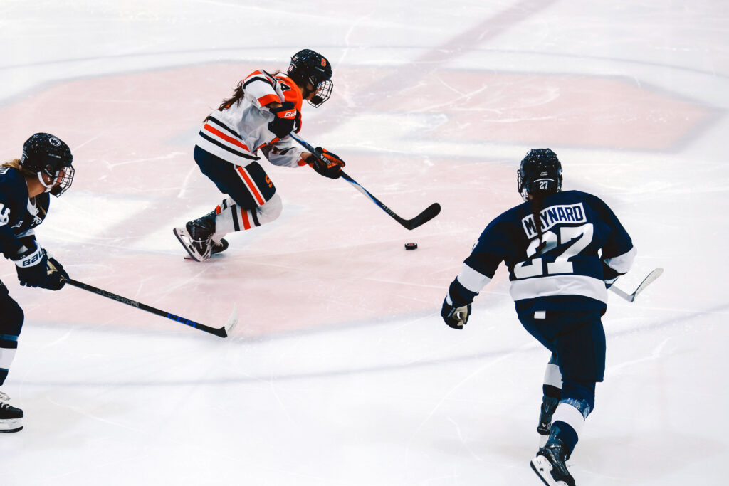Forward Jordan Blouin controls the puck during Syracuse women's ice hockey against Penn State on Friday, Oct. 9, 2026, at the Tennity Ice Pavilion.