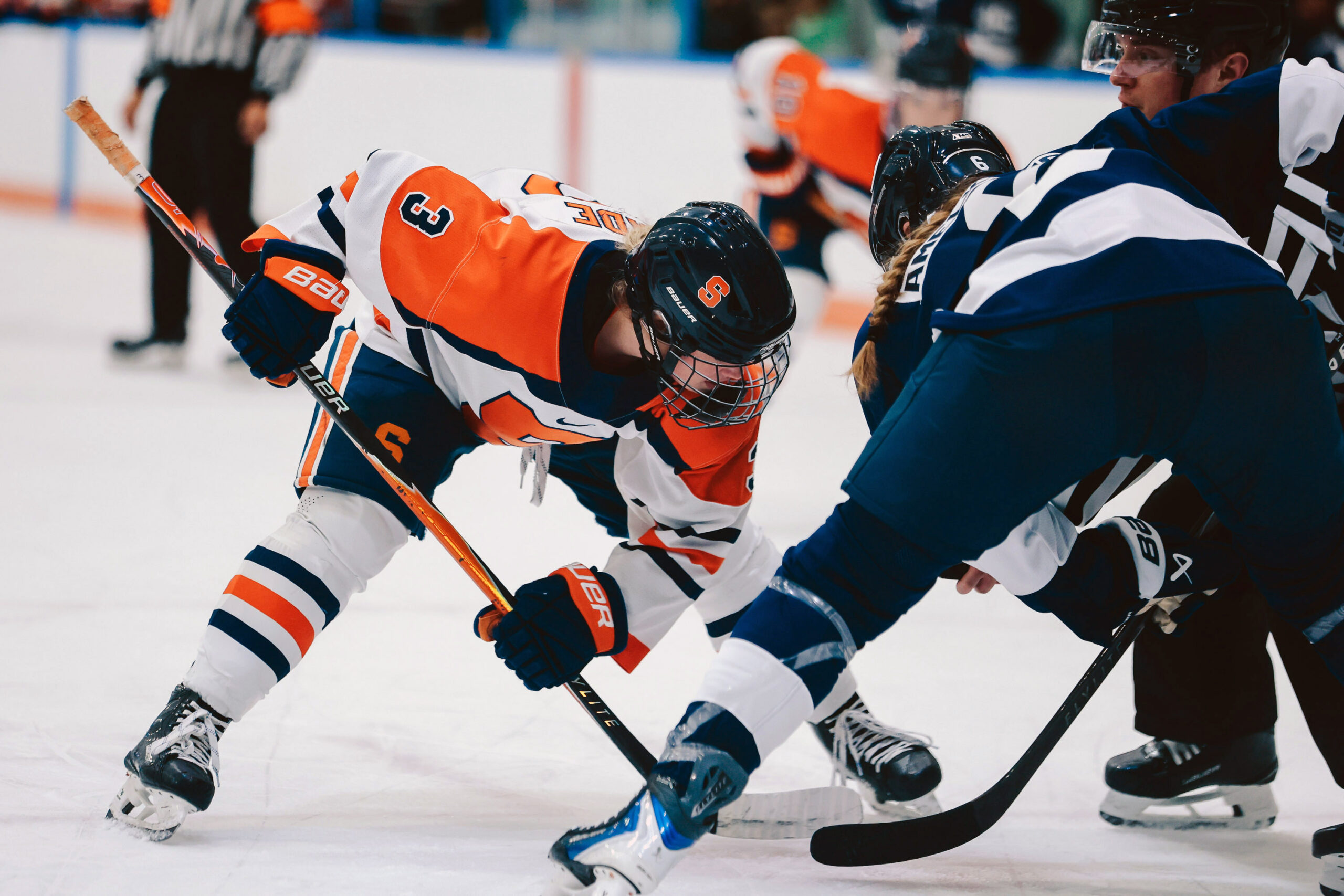 Forward Emma Gnade lines up for a faceoff during Syracuse women's ice hockey against Penn State on Friday, Oct. 9, 2026, at the Tennity Ice Pavilion.