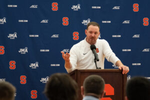 Head coach Gerry McNamara fields questions from reporters during the Syracuse Men's Basketball media day at the Carmelo Anthony Basketball Center on Friday, Oct. 9, 2026.