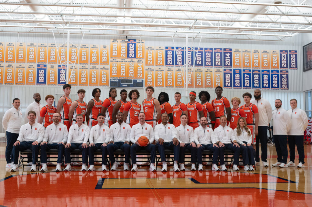 Syracuse's Basketball Team poses for a team photo during the Syracuse Men's Basketball media day at the Carmelo Anthony Basketball Center on Friday, Oct. 9, 2026.