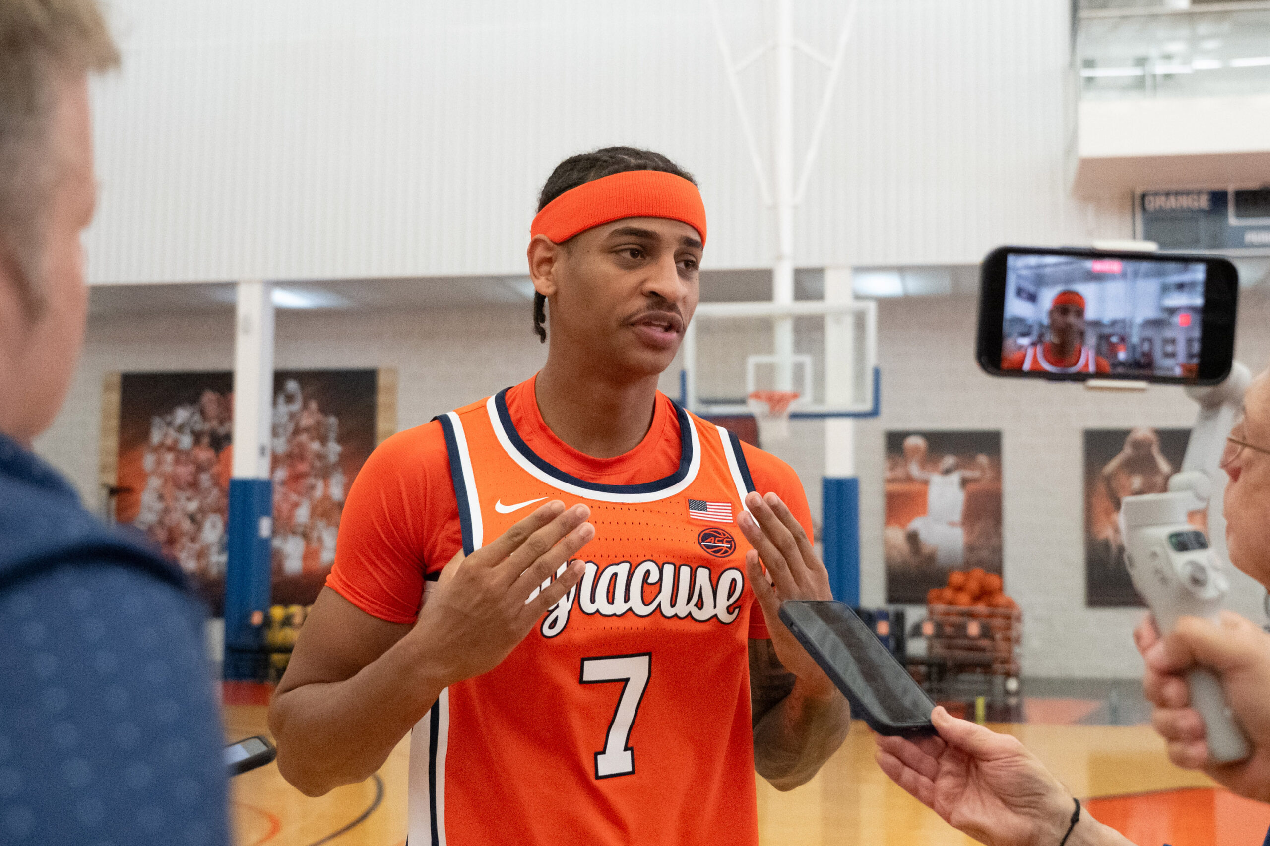 Kiyan Anthony speaks to reporters during the Syracuse Men's Basketball media day at the Carmelo Anthony Basketball Center on Friday, Oct. 9, 2026.