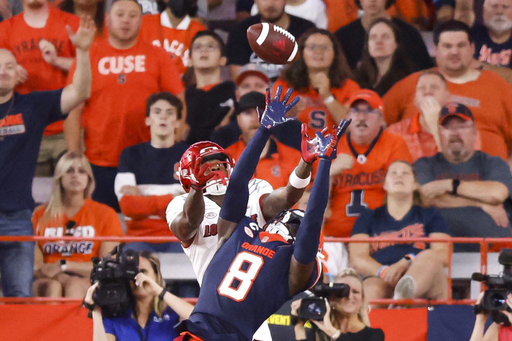 Garett Williams #8, intercepting a pass in a game against Louisville