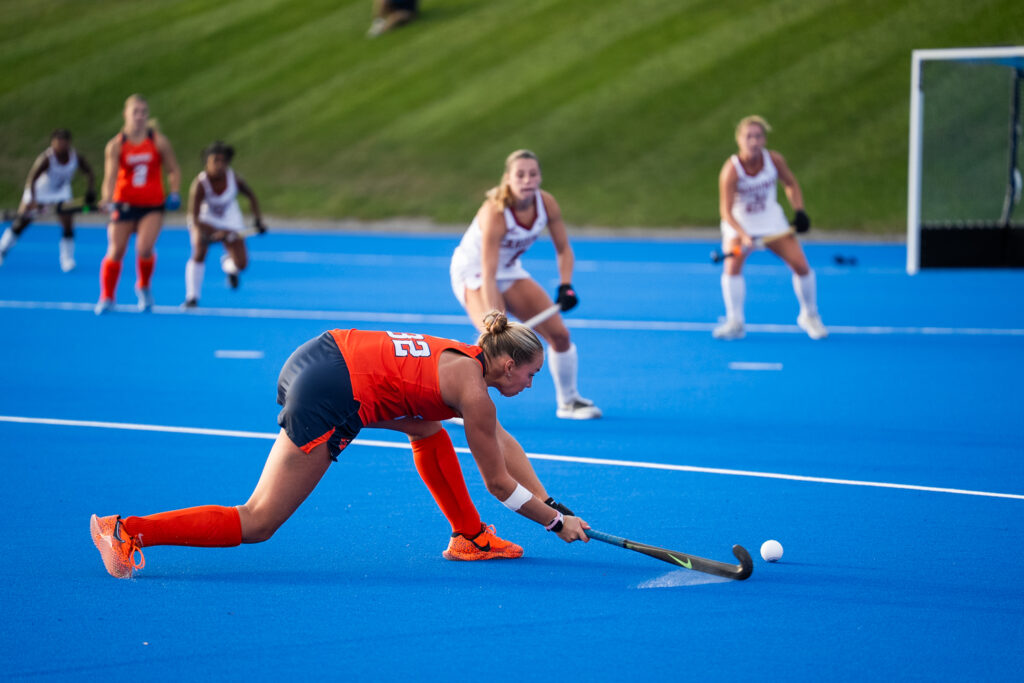Syracuse defender Chloe Page sends a pass to a teammate during Syracuse's match with Stanford on Oct. 23, 2026.