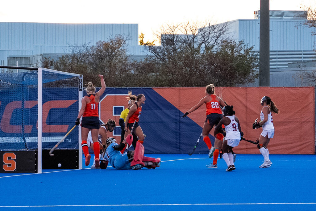 Players celebrate after forward Taylor Bigbie's goal during Syracuse's match with Stanford on Oct. 23, 2026.