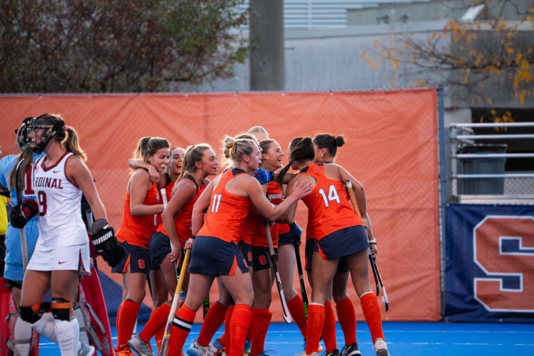 Syracuse athletes celebrating after Taylor Bigbie's goal during Syracuse's match with Stanford on Oct. 23, 2026.