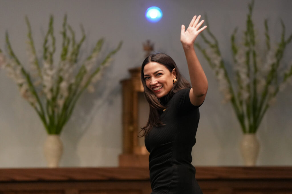 U.S. Rep. Alexandria Ocasio-Cortez speaks ahead of the 2026 midterm elections at All Saints Church on the east side of Syracuse, N.Y. Monday, Sept. 28, 2026.