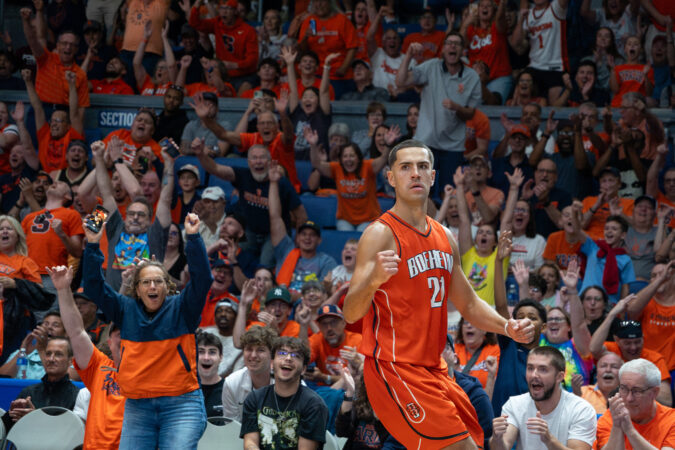 Boeheim's Army forward Cole Swider celebrates a field goal during Thursday's first round game of The Basketball Tournament at the Upstate Medical Arena at War Memorial.