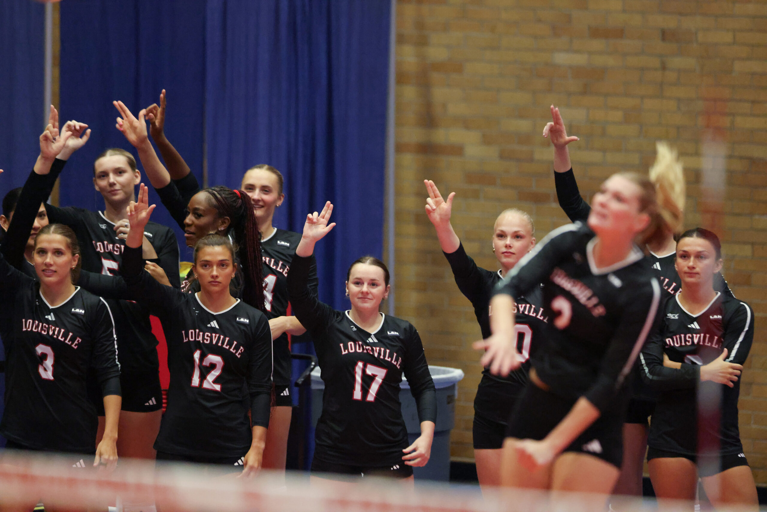 Members of the Louisville Cardinals bench watch on during a college volleyball game between the Louisville Cardinals and the Syracuse Orange on September 25, 2026 in Syracuse, NY (Photo by Brody Shuffler/Newshouse)