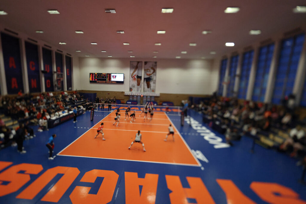 A tilt-lens image is seen from the upper deck during a college volleyball game between the Louisville Cardinals and the Syracuse Orange on September 25, 2026, in Syracuse, NY (Photo by Brody Shuffler/Newshouse)