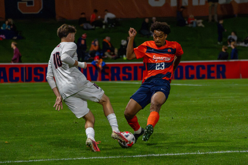 Syracuse defender Pablo Patrick-Galvez stops Louisville midfielder Giacomo Zizza on Saturday, October 10, 2026, at the SU Soccer Stadium.