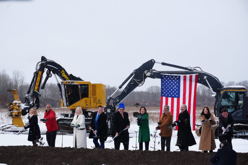 County Executive Ryan McMahon, Senator Chuck Schumer, Gov. Kathy Hochul, Micron CEO Sanjay Mehrotra, Secretary Lutnick, and Micron officials perform the break ground on the soil set to house Micron's chip making facility in Clay, New York, on Jan. 16, 2026. 