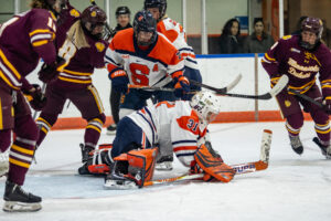 Syracuse goalie Ava Drabyk adds to her impressive save count of 44 during her Syracuse debut against Minnesota Duluth Thursday at the Tennity Ice Pavilion.