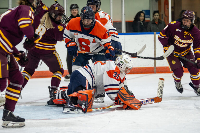 Syracuse goalie Ava Drabyk adds to her impressive save count of 44 during her Syracuse debut against Minnesota Duluth Thursday at the Tennity Ice Pavilion.