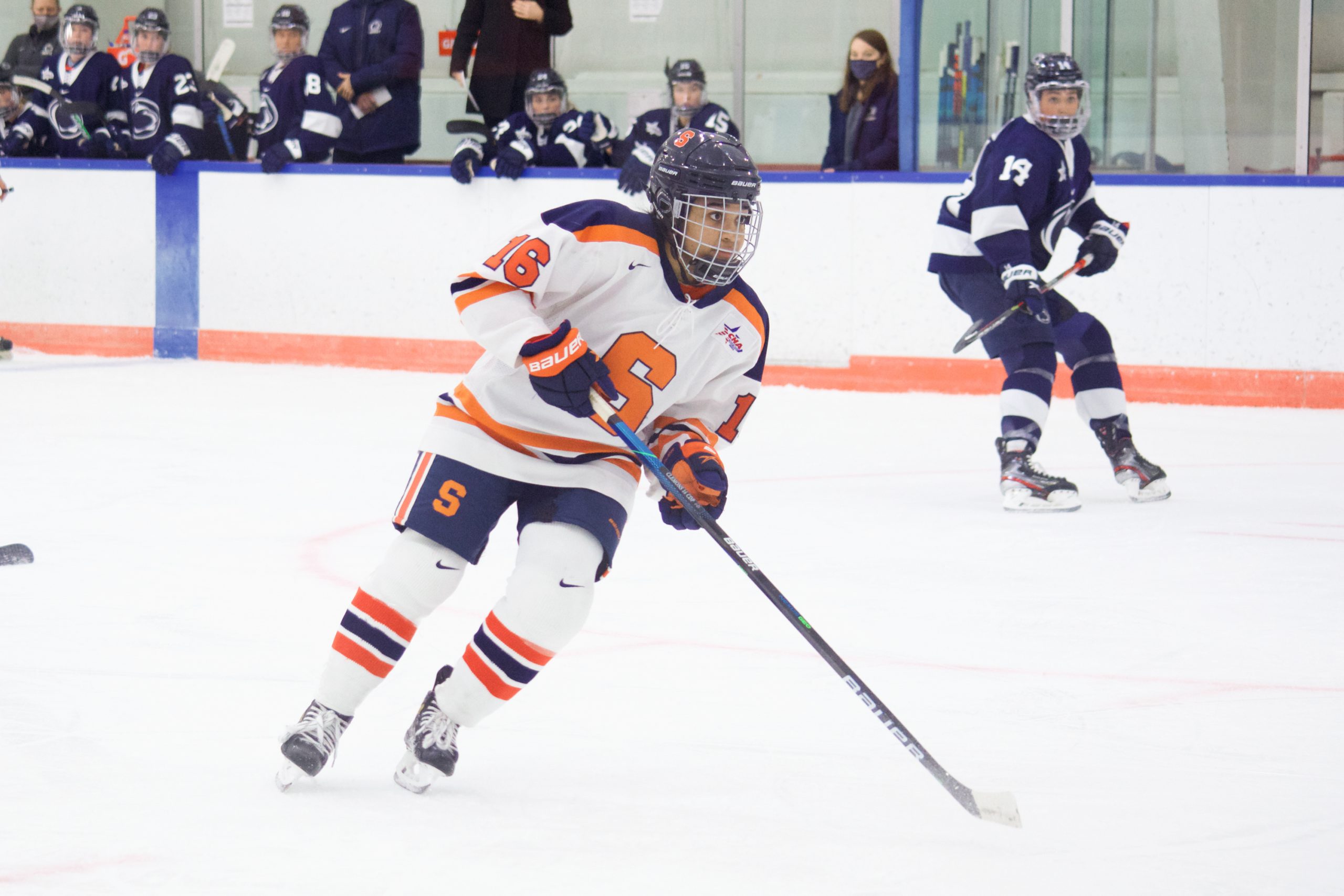 Syracuse freshman Rayla Clemons travels down ice during the Orange's game against Penn State on Dec. 12, 2020.