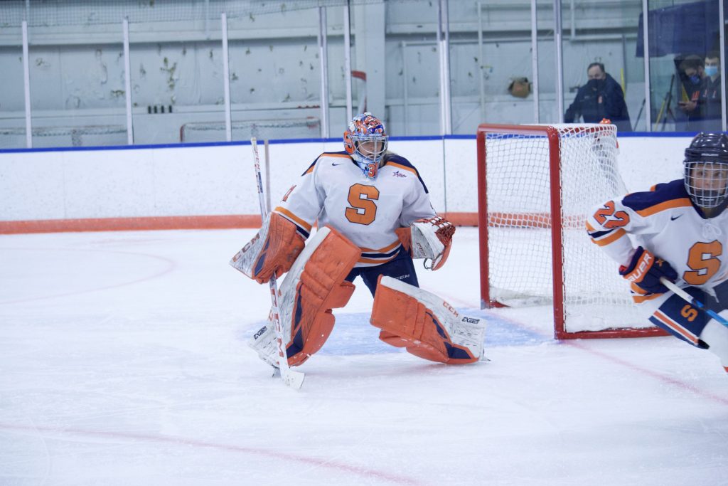 Allison Small of Syracuse Women's Ice Hockey celebrates vs. Robert Morris