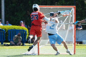 Syracuse attack Finn Thomson scores a goal during the NCAA Quarterfinals game on May 16, 2026, at James M. Shuart Stadium in Hempstead, New York.