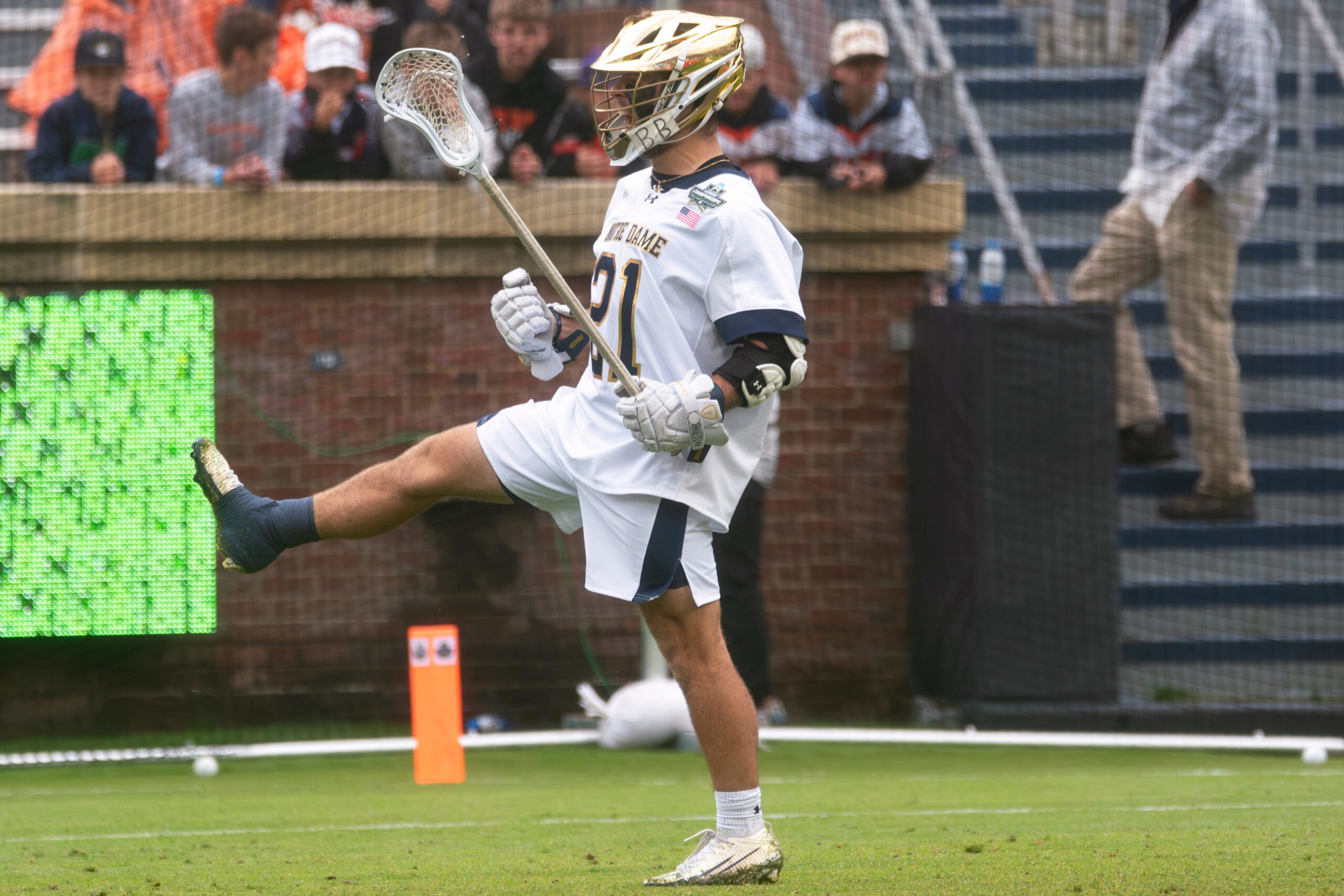 Notre Dame Junior attack Brock Behrman celebrates after a goal in the NCAA Semifinal against Syracuse on May 23, 2026 at Scott Stadium in Charlottesville, Virginia.