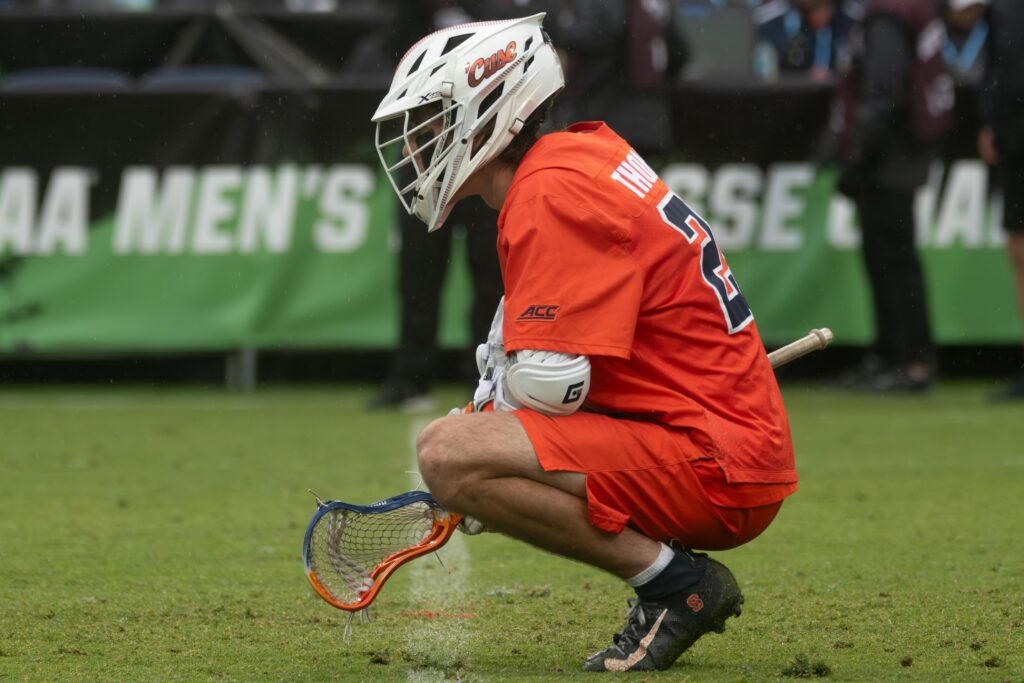 Syracuse senior attack Finn Thomson sees his season coming to an end in the NCAA Semifinal against Notre Dame on May 23, 2026 at Scott Stadium in Charlottesville, Virginia.
