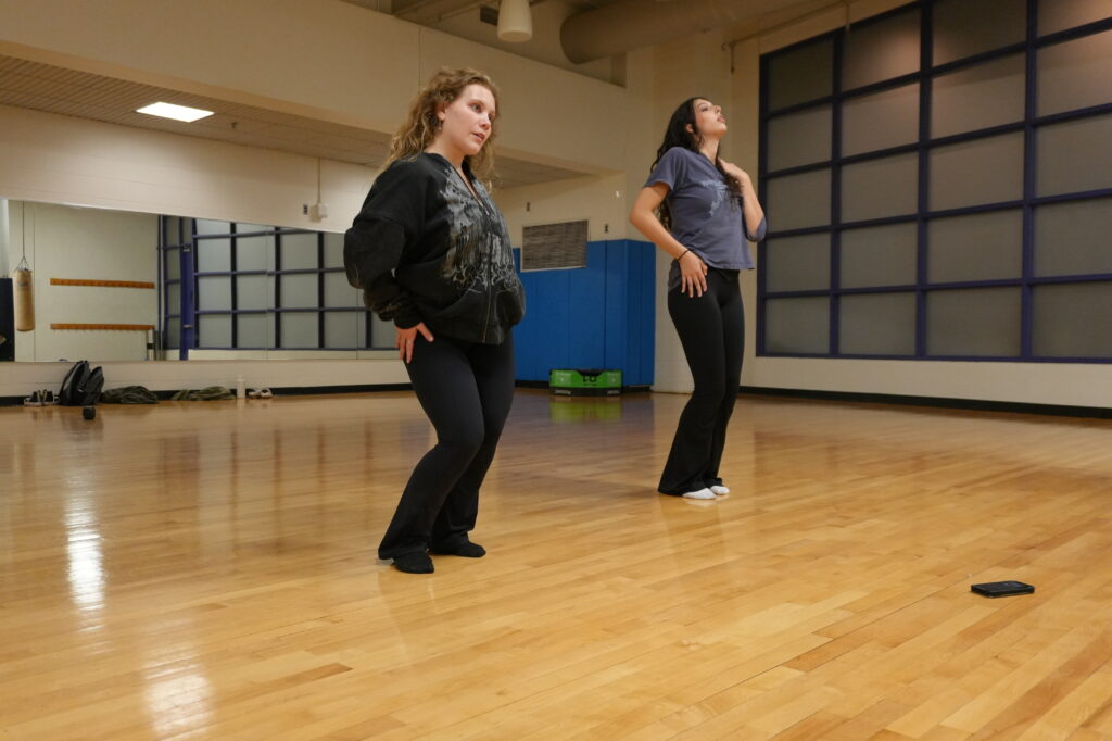 Two girls, the one on the left dressed in all black and the one on the right in a grey shirt and black leggings, stand in a dance studio in front of a mirror with their hand on their hip.