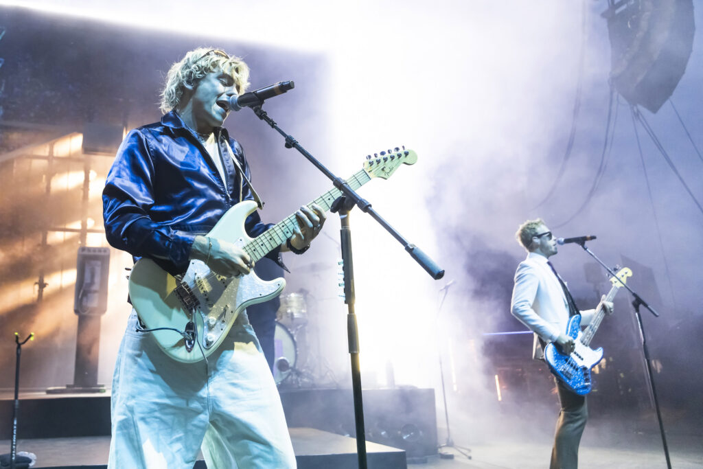 Ross Lynch (L) and Riker Lynch of The Driver Era perform at Michigan Lottery Amphitheatre on June 02, 2025 in Sterling Heights, Michigan.
