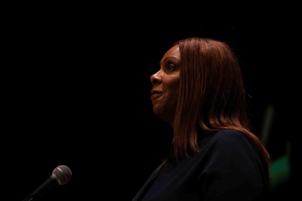 NY State Attorney General Letitia James speaks on stage at the Carrier Theater during the Democratic Convention.