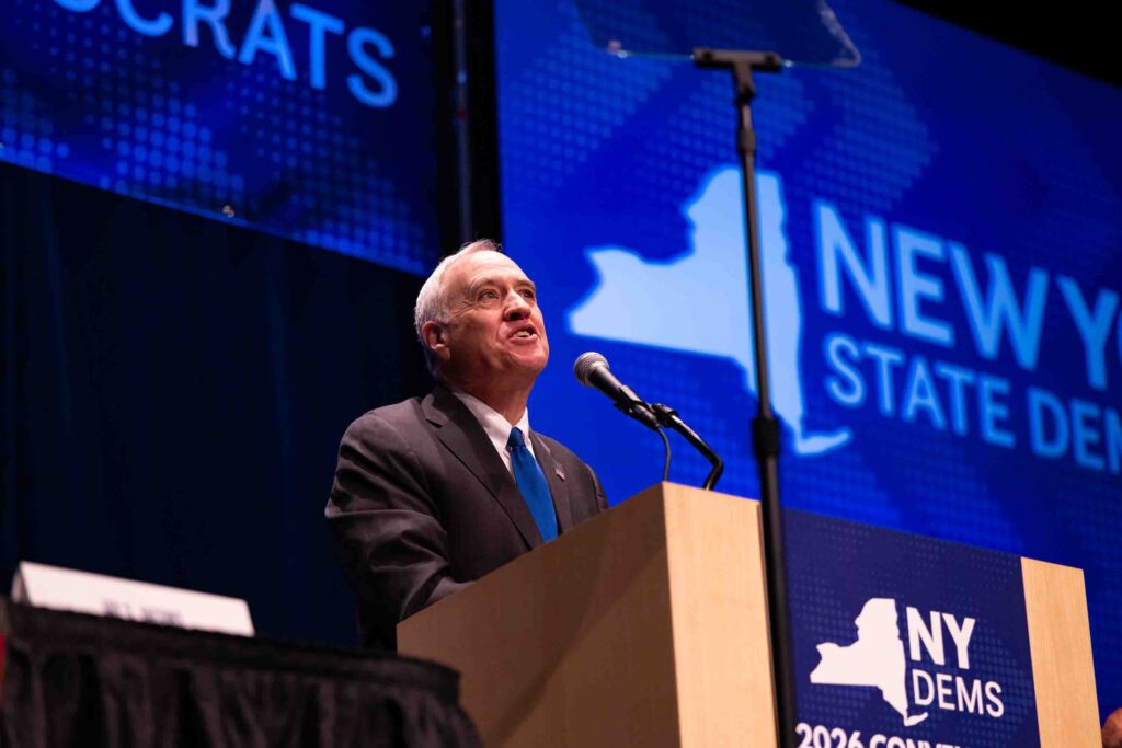 NY State Comptroller Thomas DiNapoli speaks on stage during the Democratic Convention at the Carrier Theater.