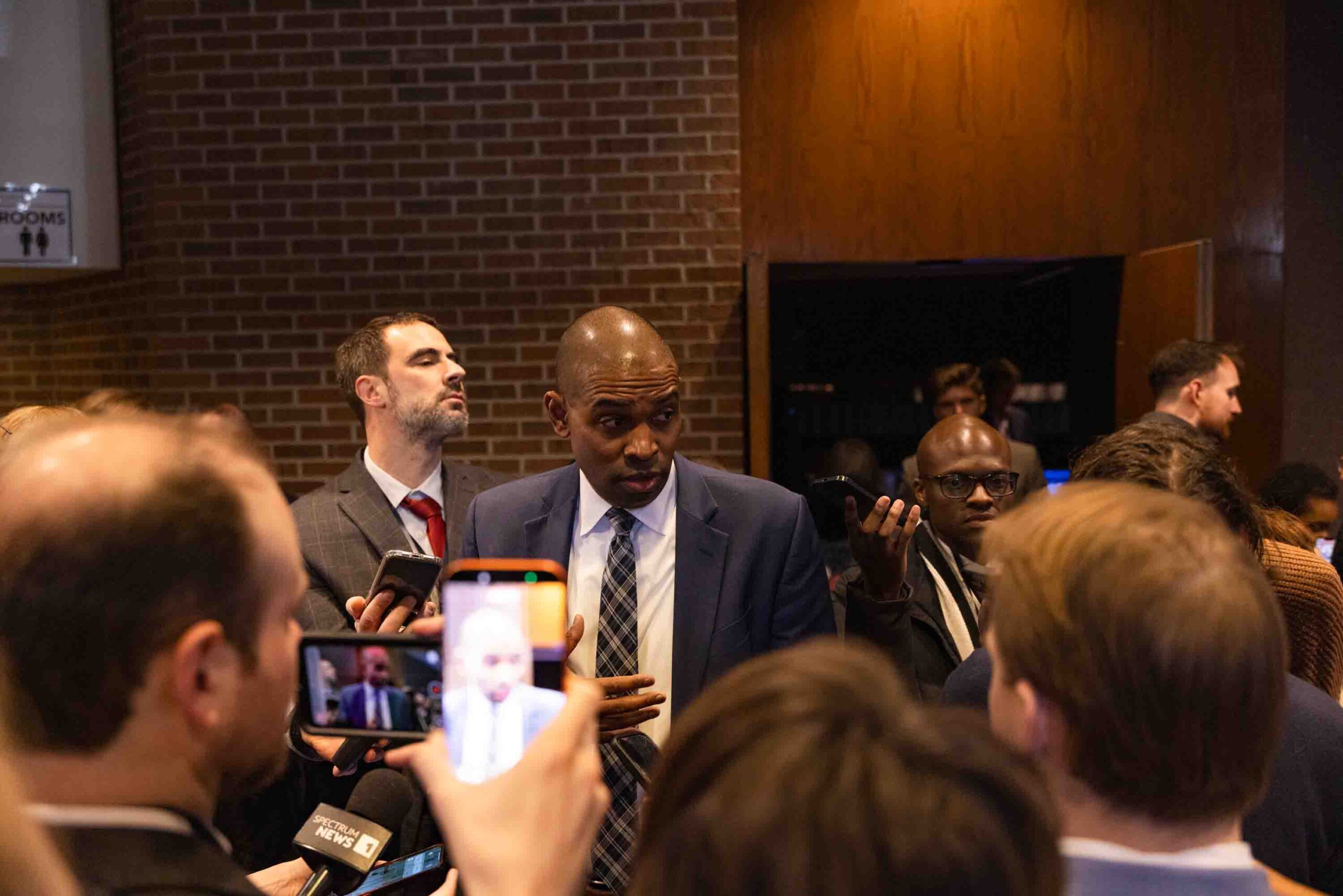 Lt. Gov. Antonio Delgado is surrounded by journalists during a press conference on Friday before the Democratic Convention in the lobby of the Carrier Theater. 