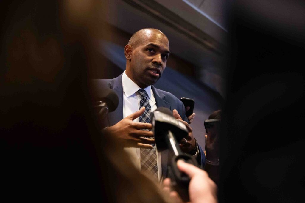 Lt. Gov. Antonio Delgado speaks to a group of reporters during a short press conference in the lobby of the Carrier Theater directly before the Democratic Convention began.
