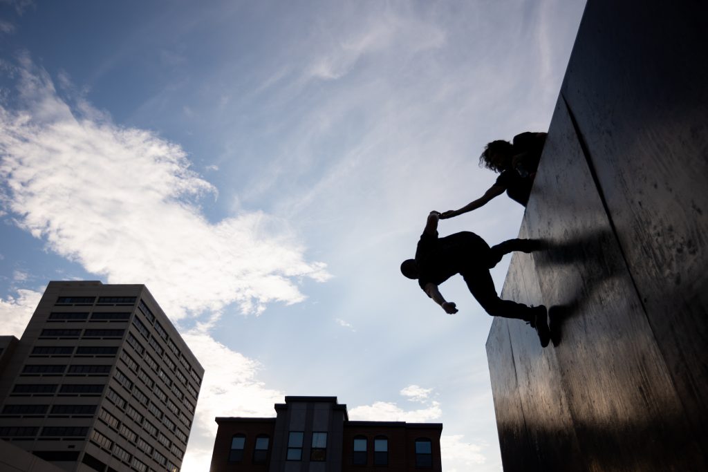 The Dandelion Music Festival hosted multiple side acts from the main concerts on stage. One of them was a trio that performed a double sided trampoline wall show during different times of the day in Clinton Square in Downtown Syracuse, NY on October 2, 2021.
