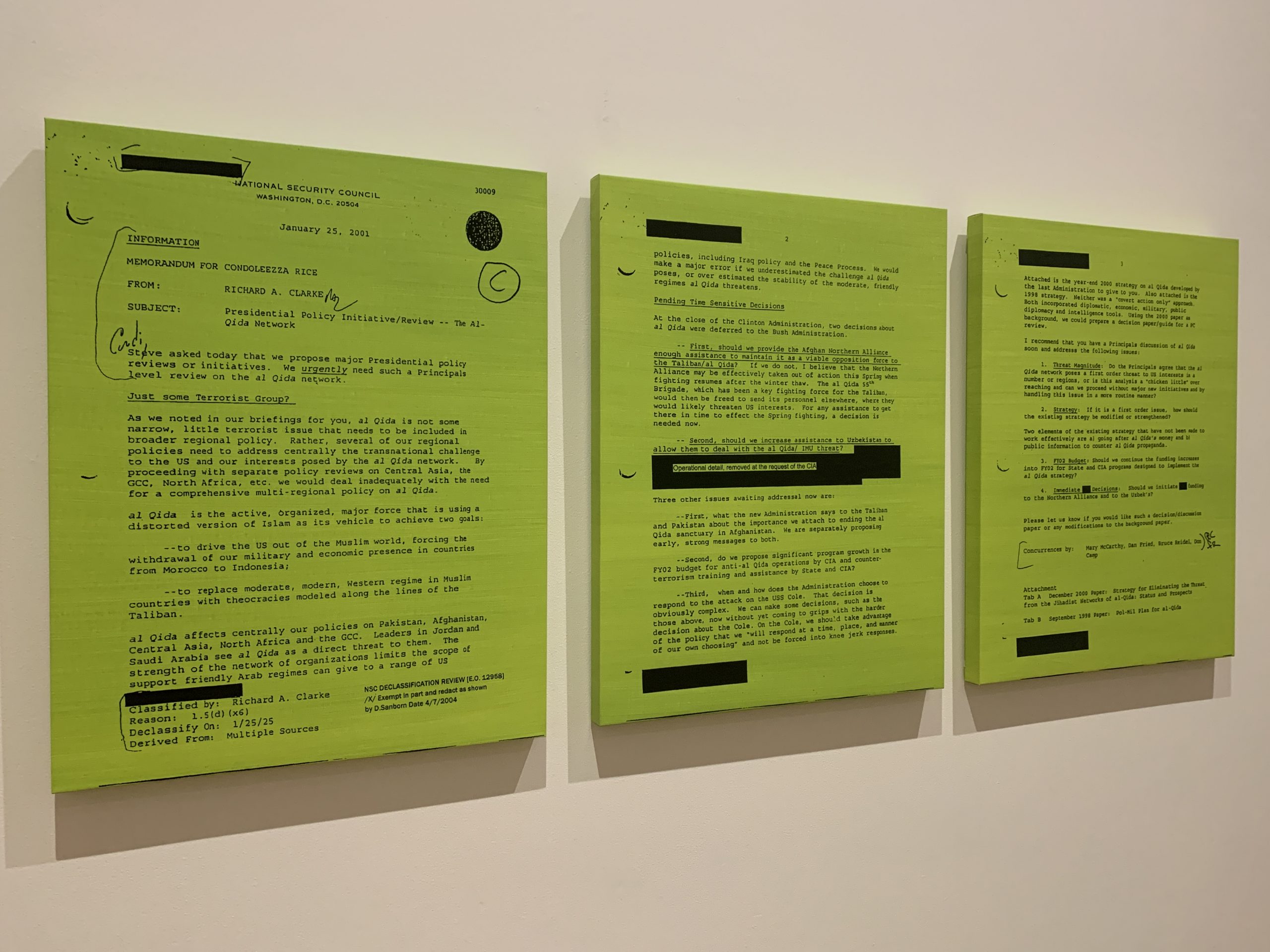 Jenny Holzer’s “MEMORANDUM FOR CONDOLEEZA RICE GREEN”