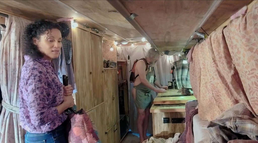 Stephan Wolfert and Dawn Stern in the cramped trailer set
