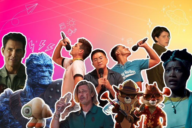 A collage of characters from Top Gun, Thor: Love and Thunder, Marcel the Shell with Shoes On, Fire Island, Bullet Train, Chip n' Dale: Rescue Rangers, Men and NOPE.