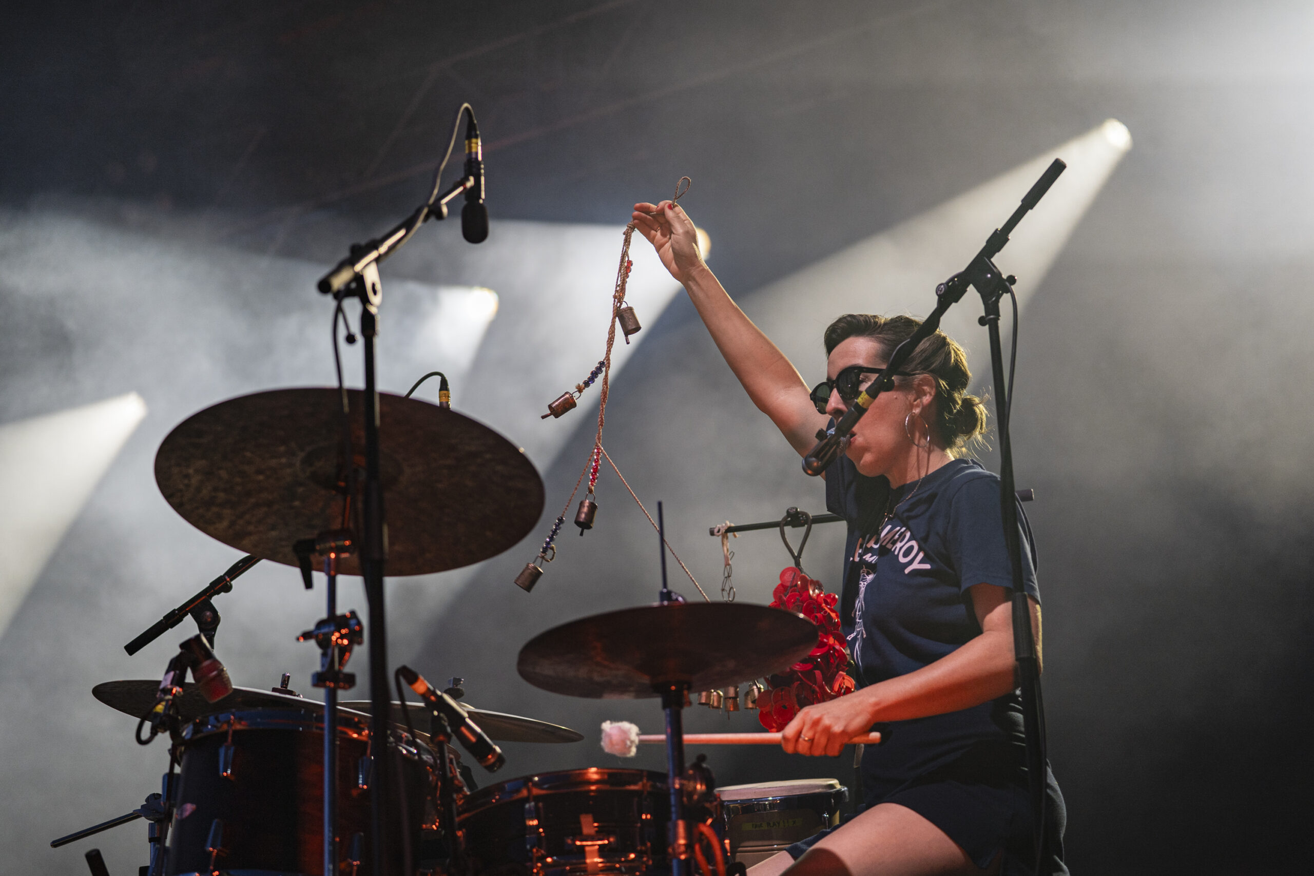 Elizabeth Goodfellow plays drums during Iron & Wine’s set at Beak & Skiff Apple Orchards in Lafayette, N.Y., on Friday, July 25, 2025.