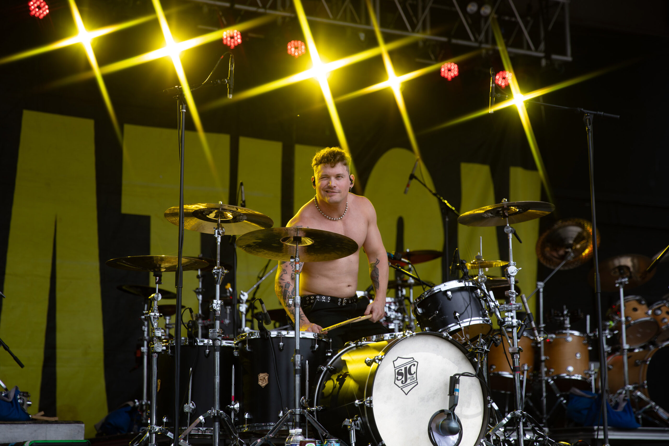 Set It Off drummer Maxx Danziger winks at the crowd during the Krockathon Reboot at the New York State Fairgrounds Saturday, July 26, 2025 in Syracuse, N.Y. Photo by Kayla Breen.