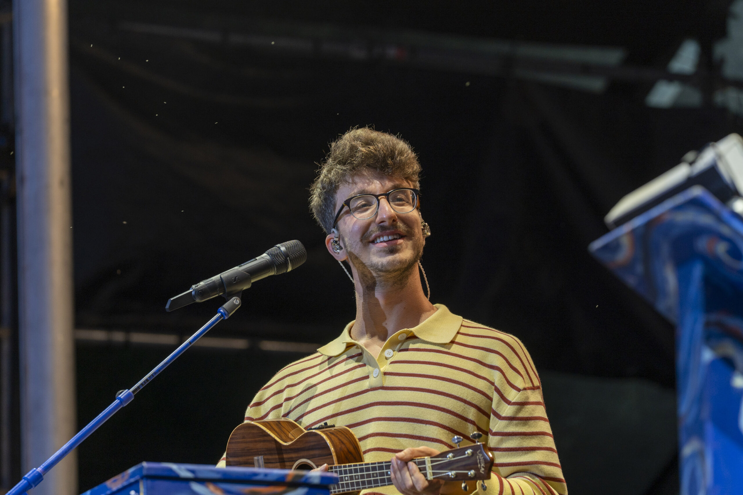 Ryan Met of AJR performs on the ukulele Thursday, Aug. 21, 2025, during the band’s Suburban Park Stage show at the New York State Fair in Syracuse, N.Y.