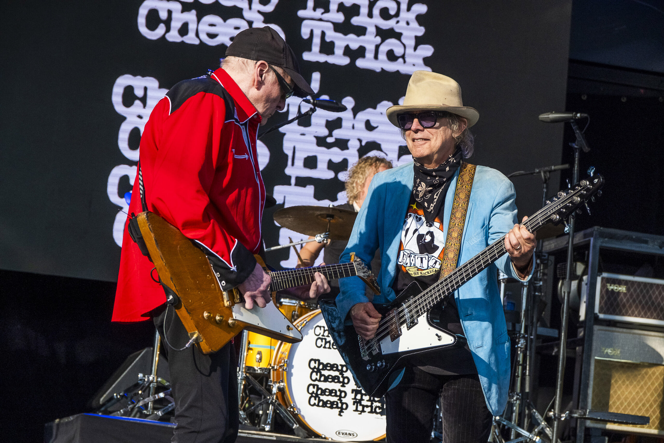Rick Nielsen and Tom Peterson of Cheap Trick jam together on the Chevy Court stage at the New York State Fair on Aug. 21, 2025. (Photo by Troy Conner)