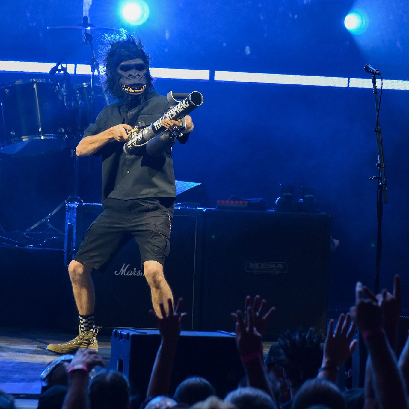 The Offspring gorilla mascot launching T-shirts into the audience during intermission of The Offspring's 2025 Supercharge Tour concert on July 22, 2025, at Empower FCU Amphitheater.