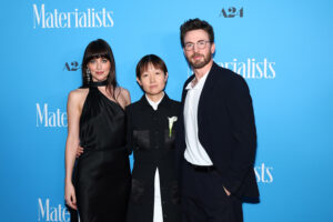 Dakota Johnson, Celine Song and Chris Evans attend A24's "Materialists" premiere at DGA Theater on June 07, 2025 in New York City.