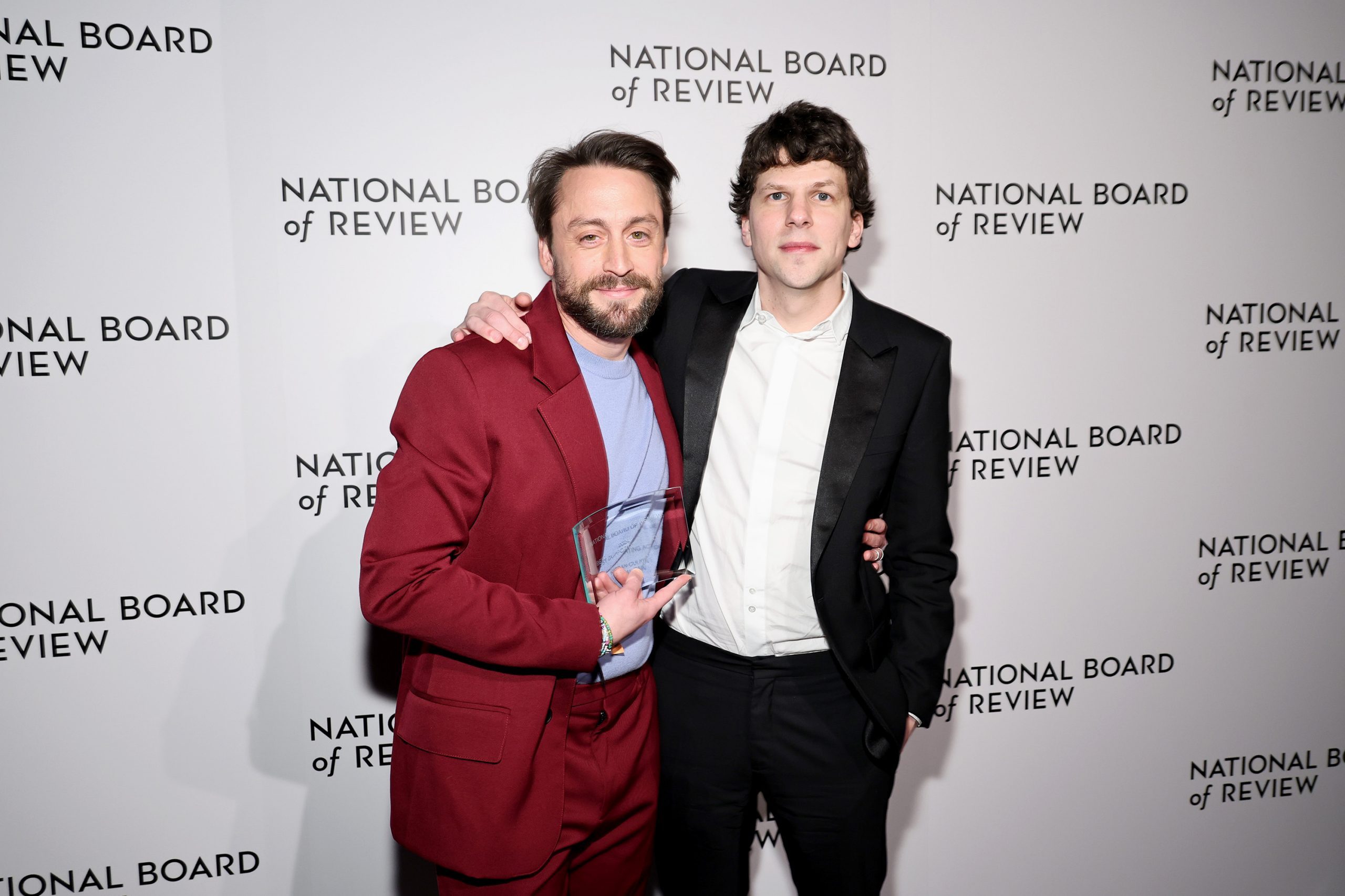 Kieran Culkin, winner of the Best Supporting Actor award for "A Real Pain," and Jesse Eisenberg pose during The National Board of Review Annual Awards Gala at Cipriani 42nd Street on January 07, 2025 in New York City.